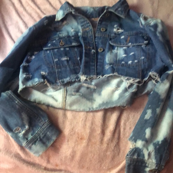 Hand bleach dyed and distressed denim mini jacket PO - Picture 2 of 12